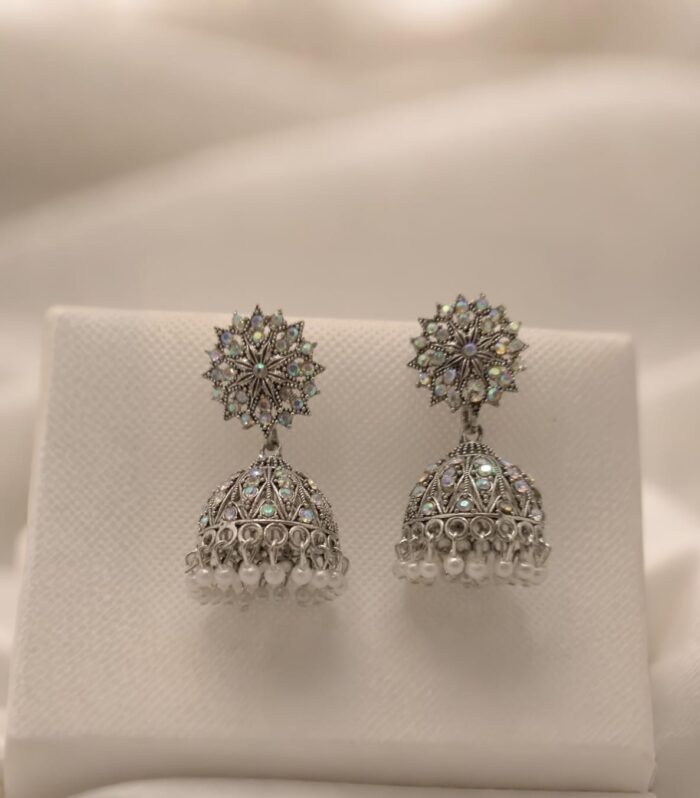 Elegant silver jhumka earrings with intricate floral tops, shimmering stones, and delicate pearl danglings.